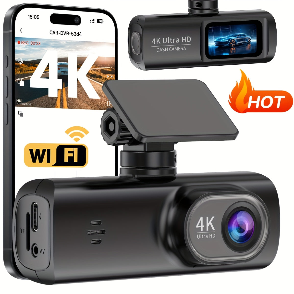 Dash Cam 4K Front Ultra HD Dash Camera for Cars 373cmIPS Screen Mini Car Camera with APP Control BuiltIn WiFi  GSensor 170 Wide Angle 24H Parking Mode Night Vision WDR Loop Recording Support 256GB Card Max SD Card Not Included