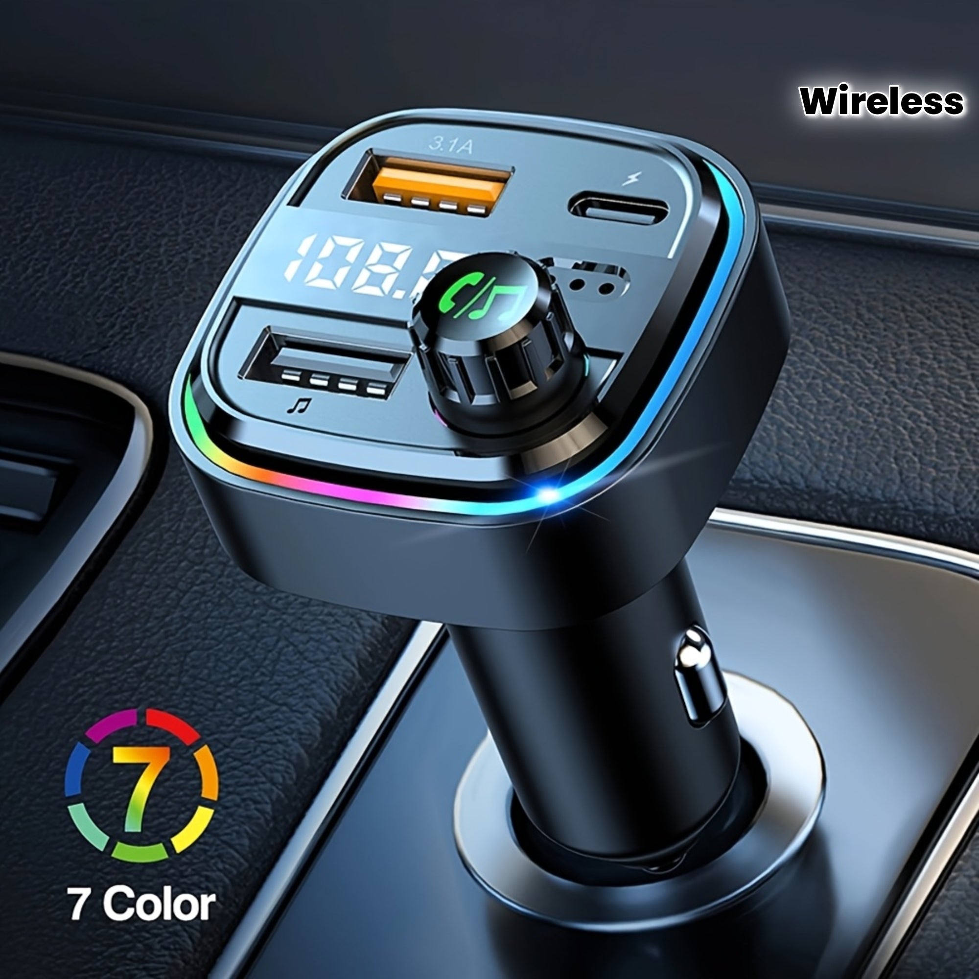 Wireless Car FM Transmitter TypeC Dual USB Ambient Player MP3 Car Charger Colorful Ambient Light Phone Hands Free Car Accessory