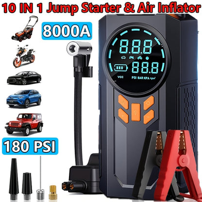 JKUOO 10in1 Car Battery Jump Starter Kit with 180 PSI Air Compressor Jump Cables Portable Starter for12113 L Gas10144oz Diesel Engines LCD Display Multiple Modes LED Flashlight FastCharging USBC HighCapacity Lithium Polymer Battery