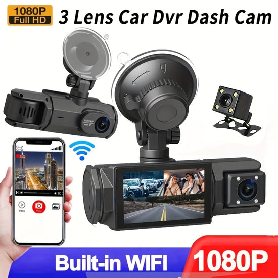 1080P Wifi ThreeChannel Dashboard Camera 1080P Wifi Front And Rear Interior Dash Cam Triple Dash Cam for Vehicles GSensor WideAngle Dashboard with Infrared Night Vision Optional 32GB SD Card